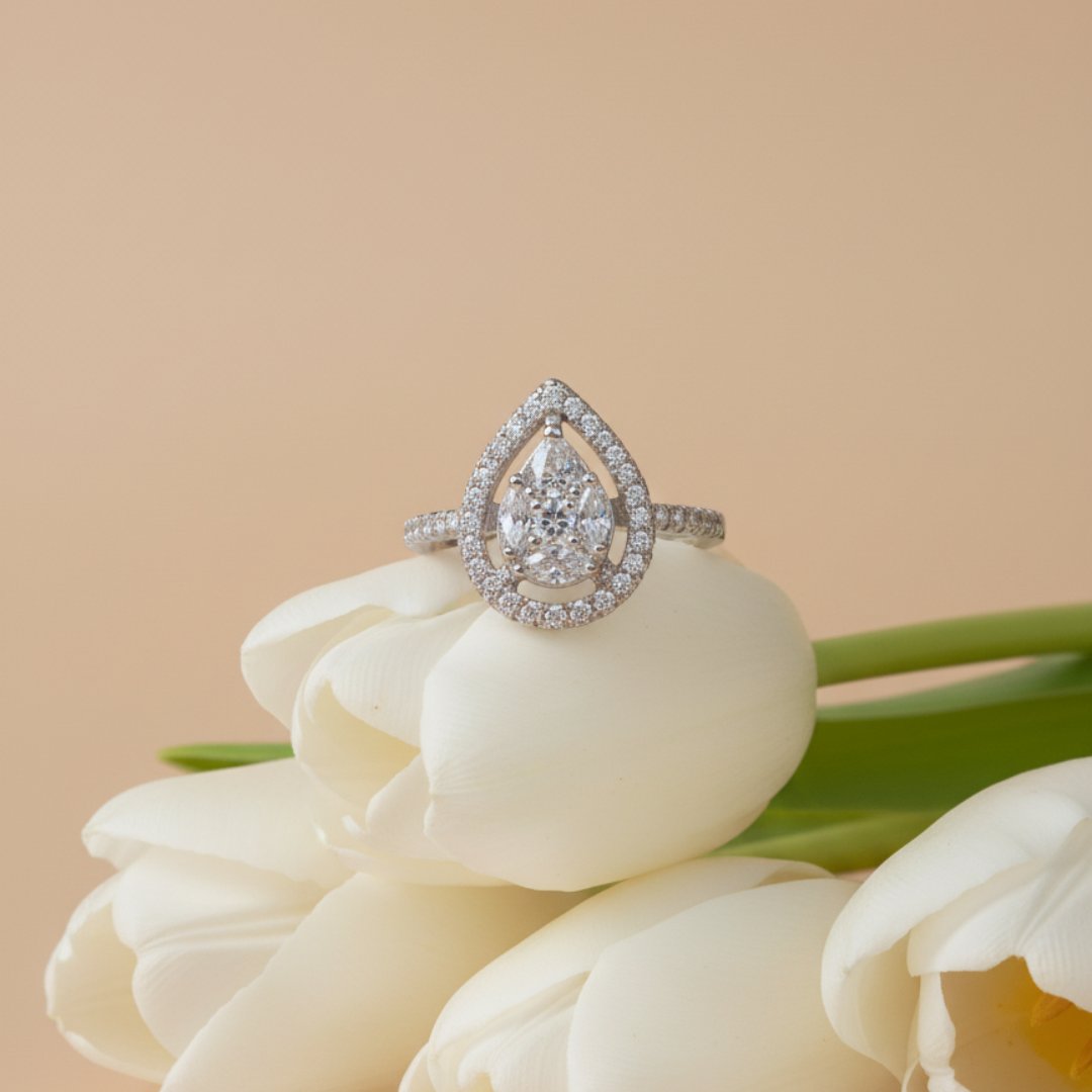 Pear Halo Bypass Zircon Ring