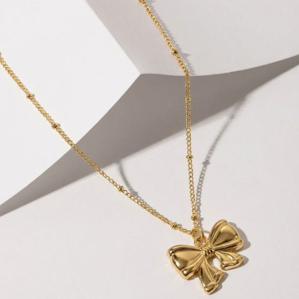 Bow With Beaded Chain Pendant Necklace