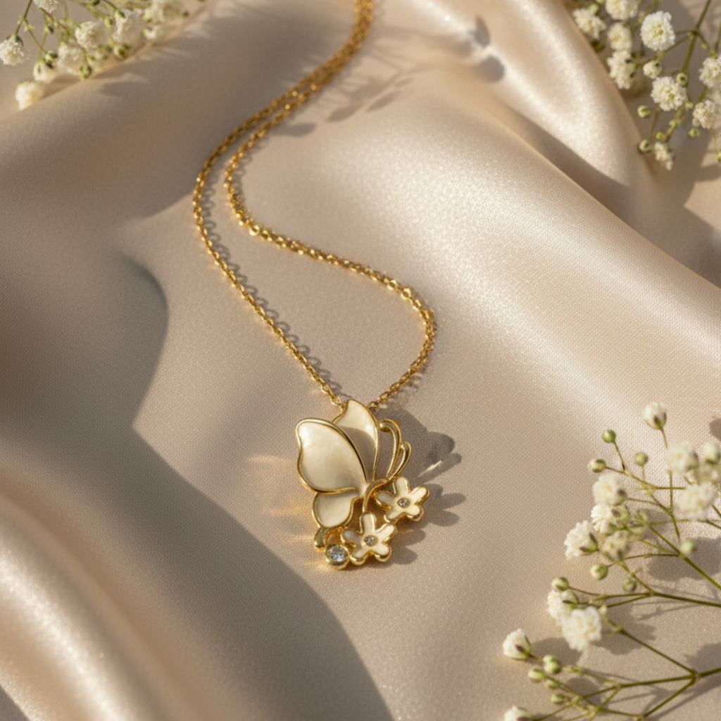 Butterfly And Flower Pendant Necklace