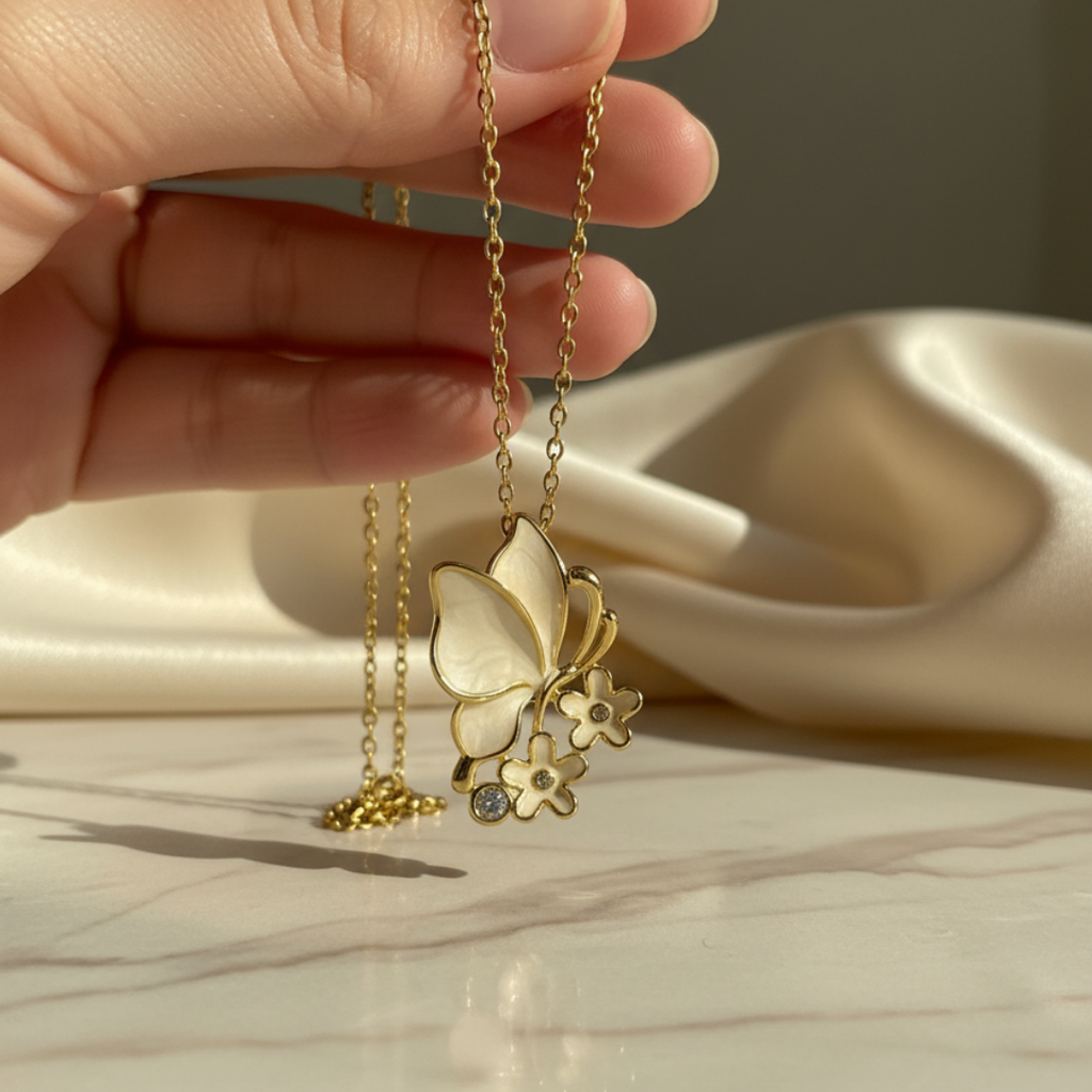 Butterfly And Flower Pendant Necklace