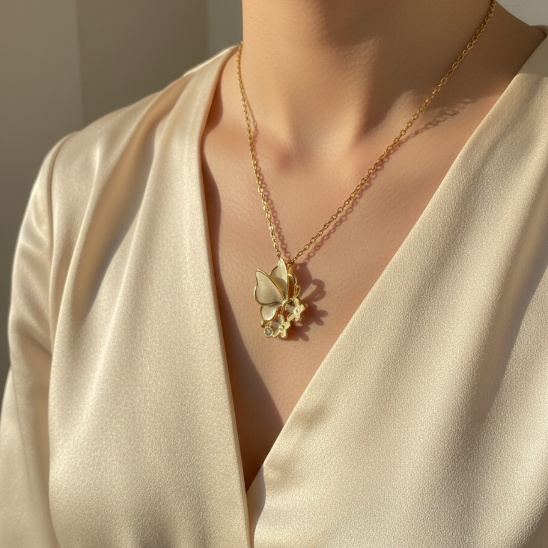 Butterfly And Flower Pendant Necklace