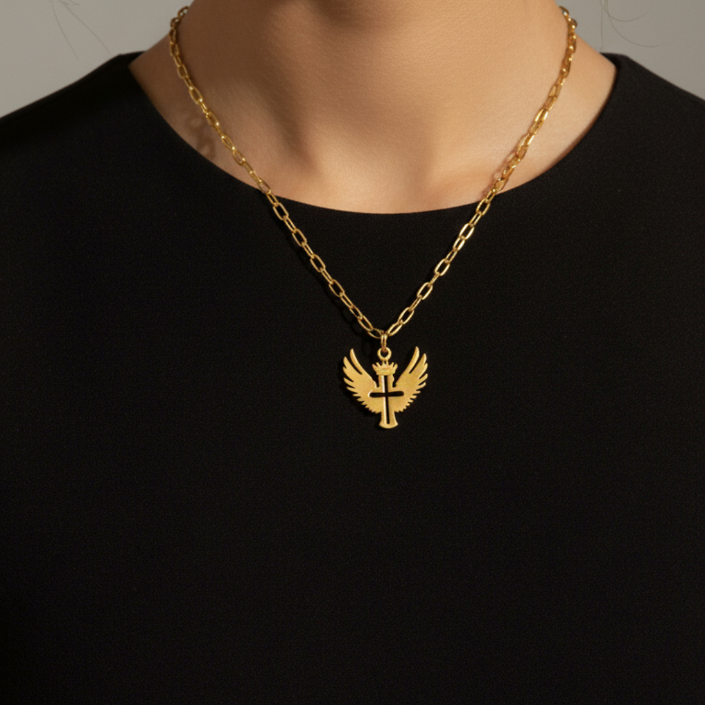 Gamma Cross With Wings Pendant Necklace