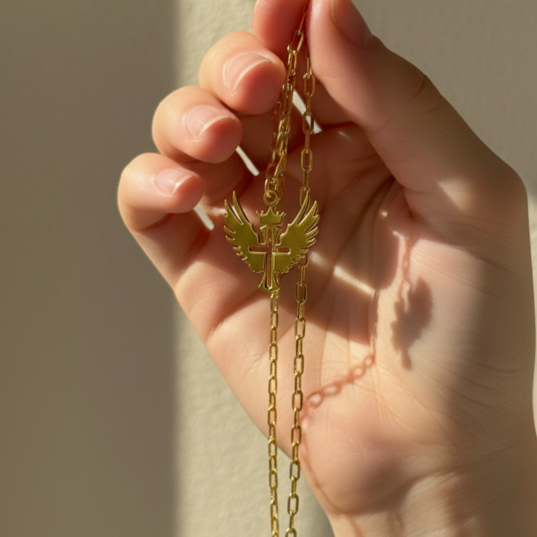 Gamma Cross With Wings Pendant Necklace