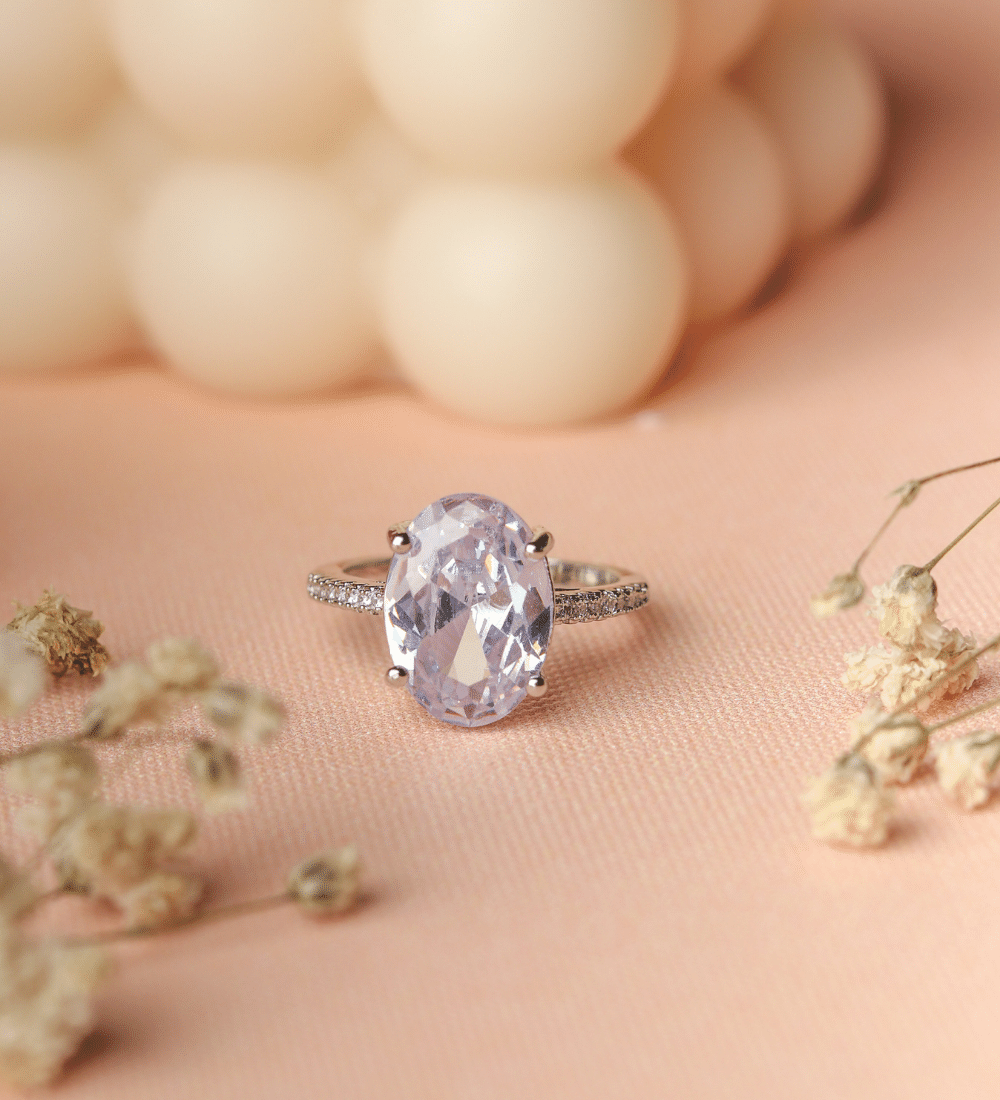 Oval Zircon Ring with Pave Band