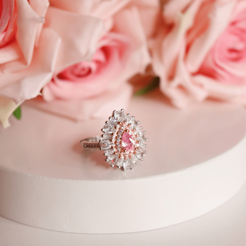 Pink Teardrop Halo Ring
