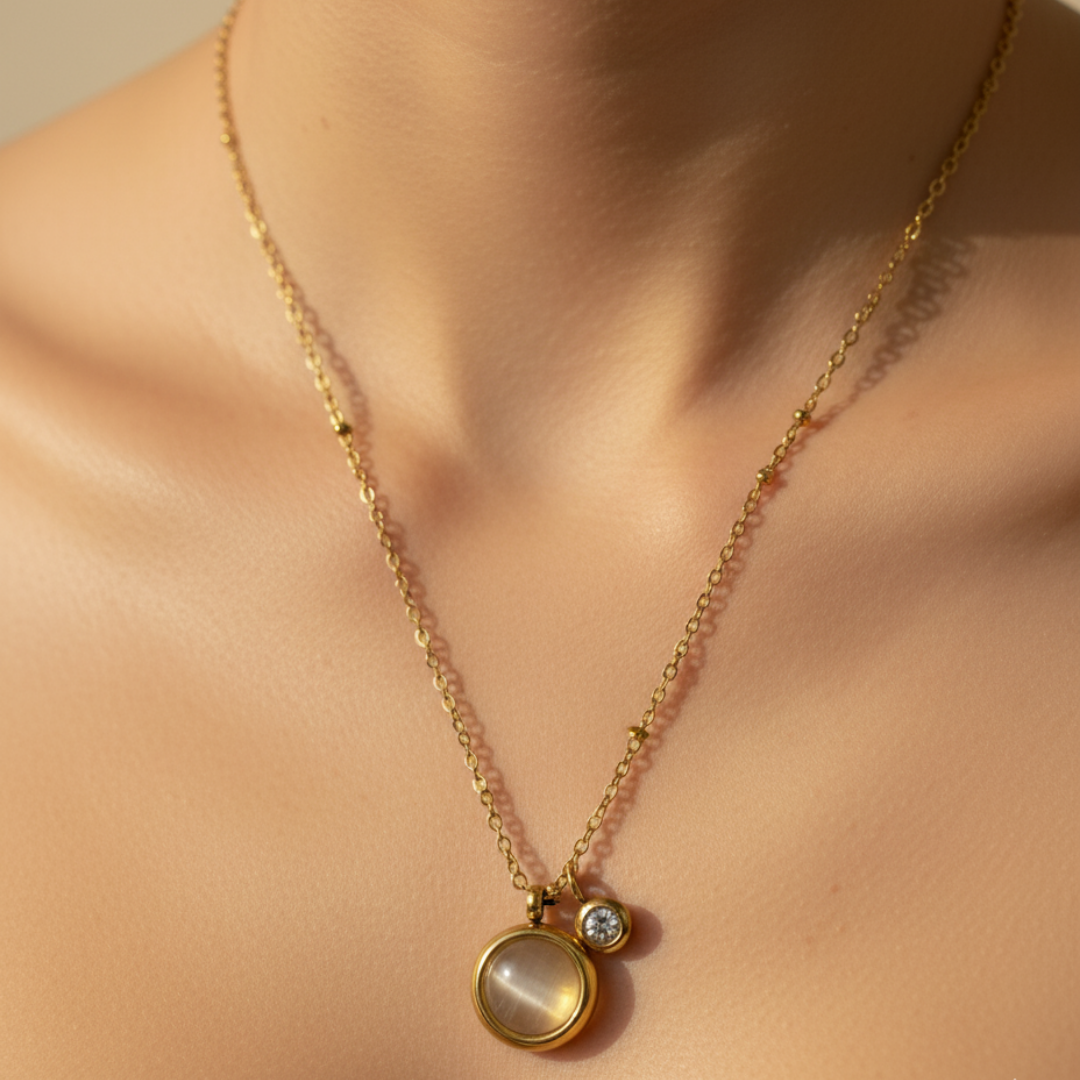 Gold Moonstone Pendant Necklace With Zircon Charm