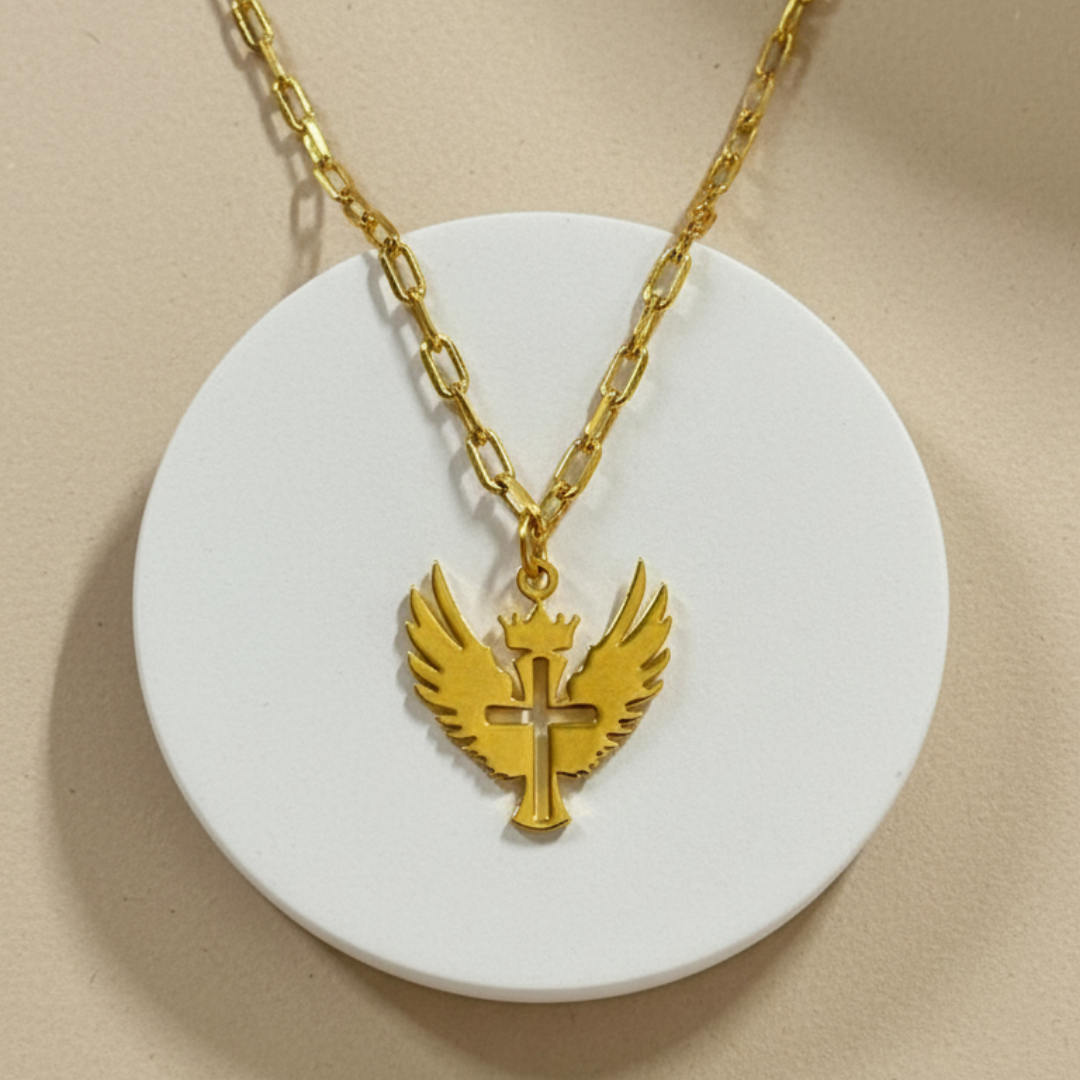 Gamma Cross With Wings Pendant Necklace