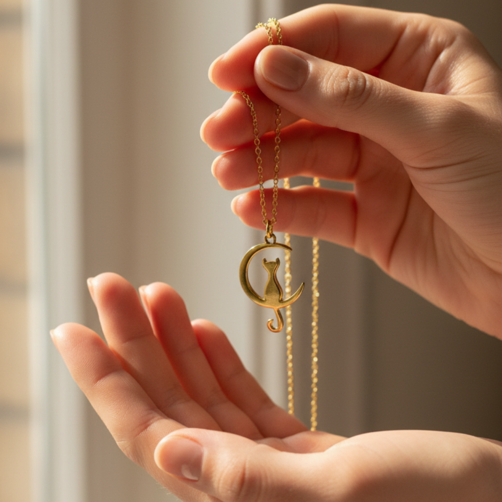 Crescent Moon And Kitten Necklace