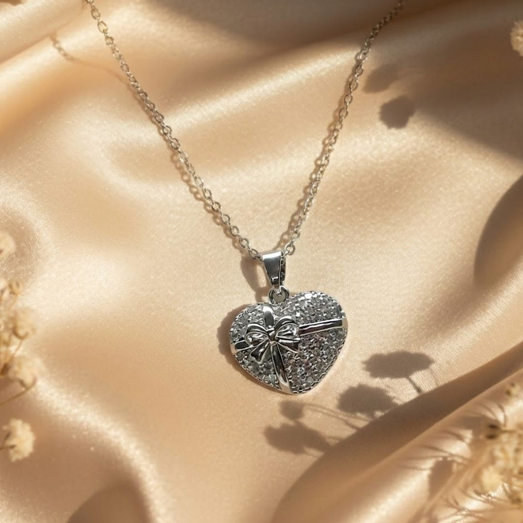 Heart With Ribbon Bow Zircon Diamond Necklace