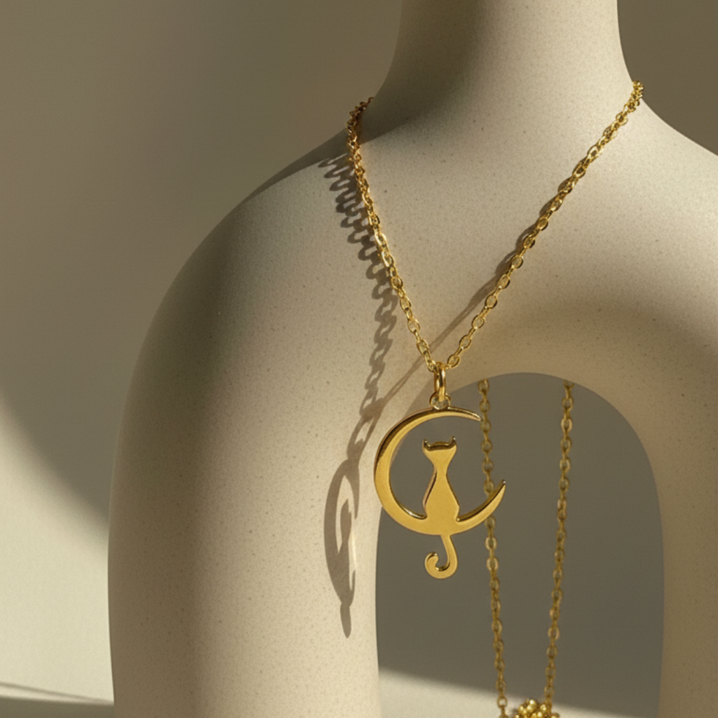 Crescent Moon And Kitten Necklace
