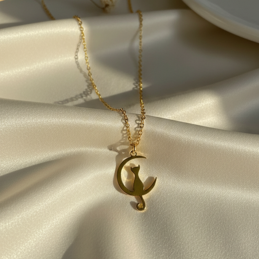 Crescent Moon And Kitten Necklace