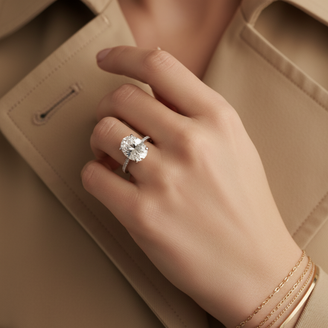 Oval Zircon Ring with Pave Band