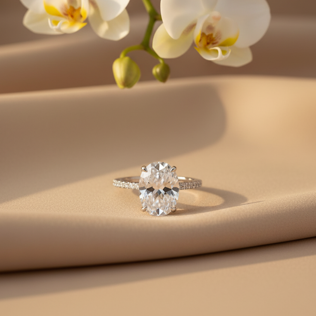 Oval Zircon Ring with Pave Band