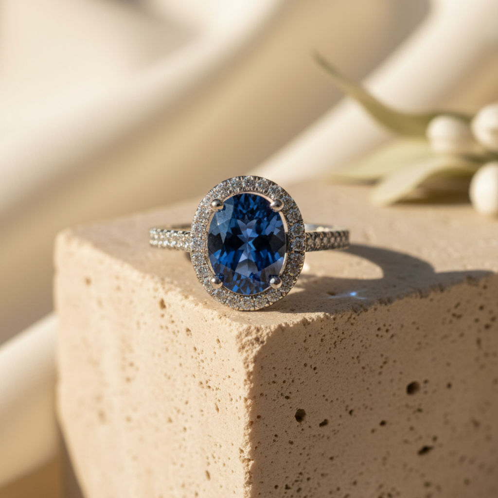 Beautiful Blue Zircon Halo Ring