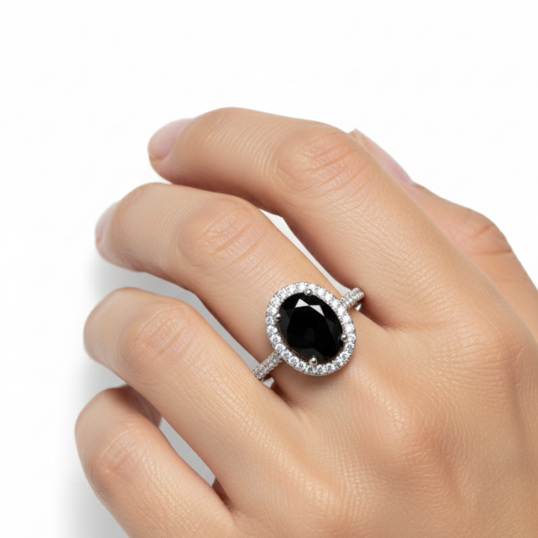 Black Onyx Oval Halo Ring