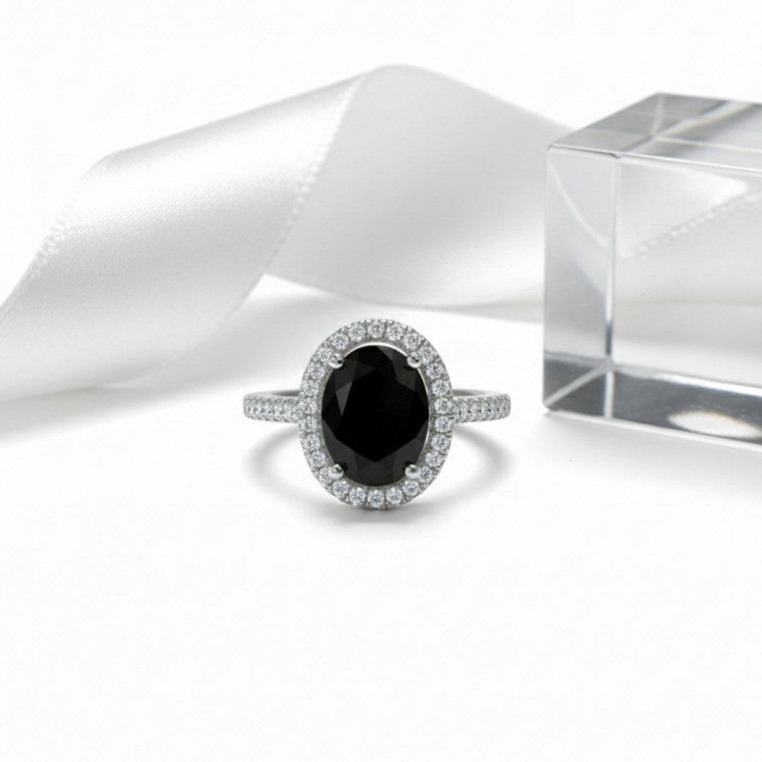 Black Onyx Oval Halo Ring