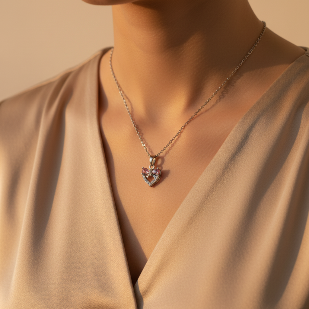 Heart And Bow Pink Zircon Diamond Necklace