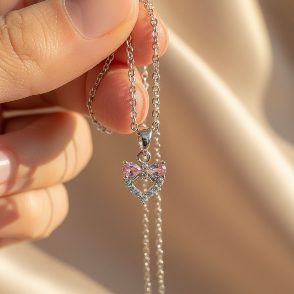 Heart And Bow Pink Zircon Diamond Necklace