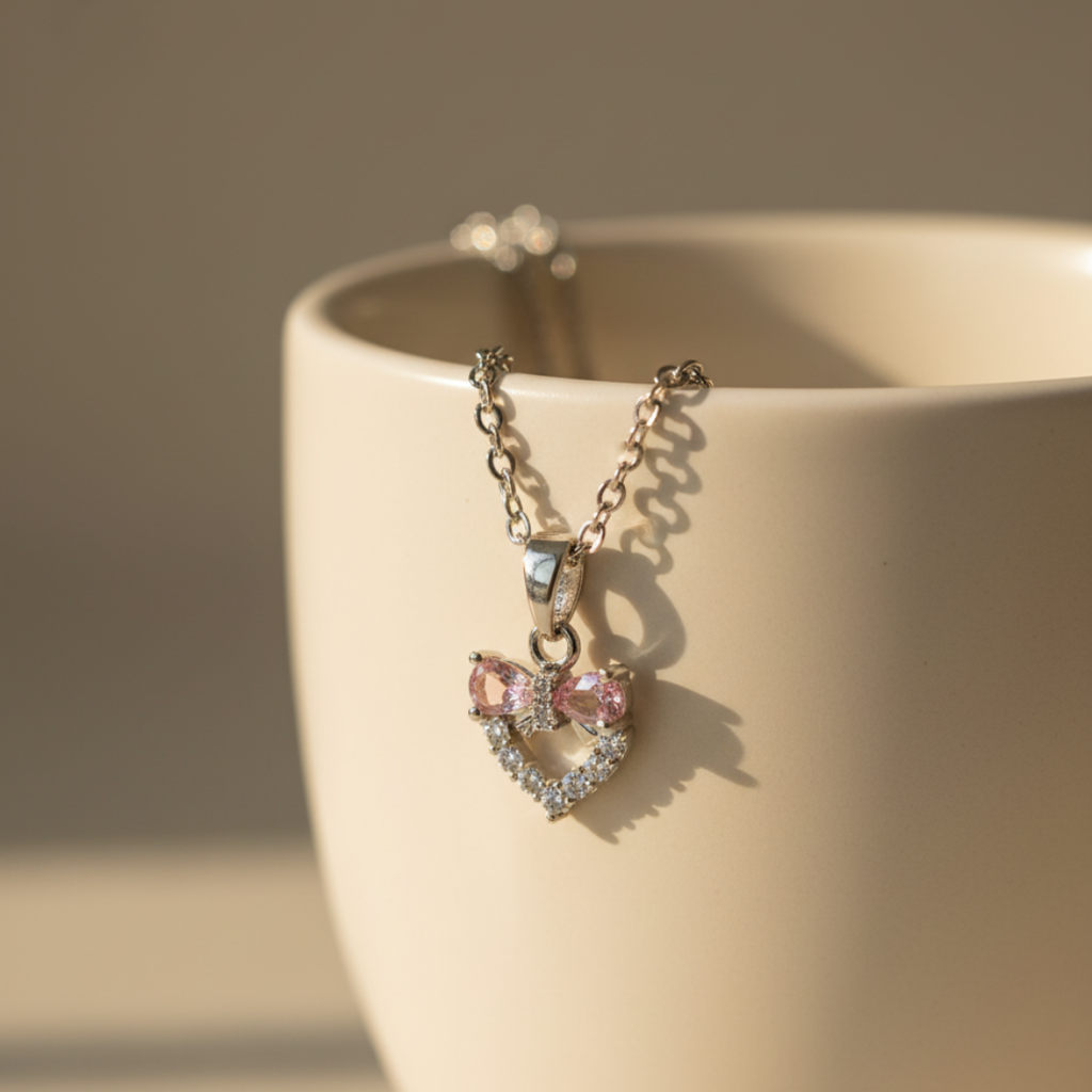 Heart And Bow Pink Zircon Diamond Necklace