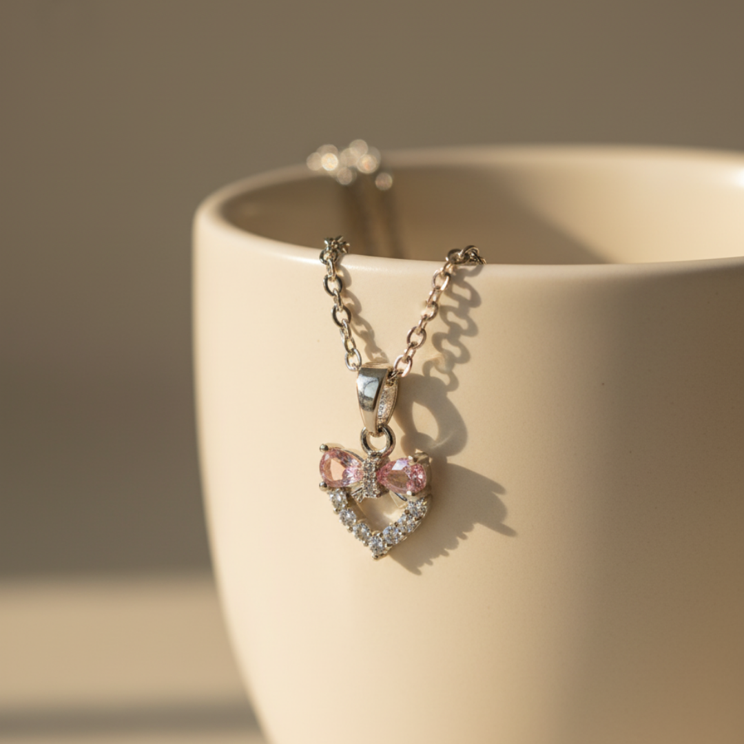 Heart And Bow Pink Zircon Diamond Necklace