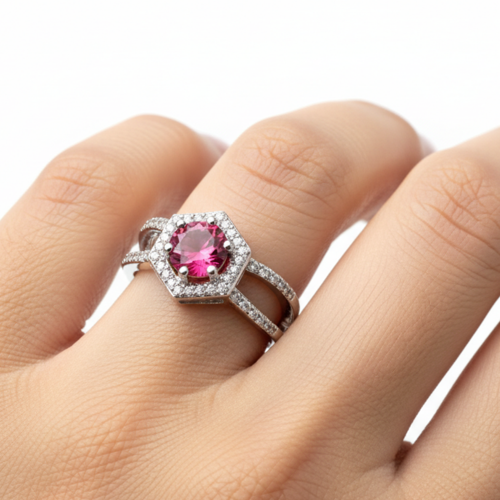Hexagonal Red Zircon Ring