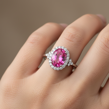 Oval Red Zircon Halo Ring