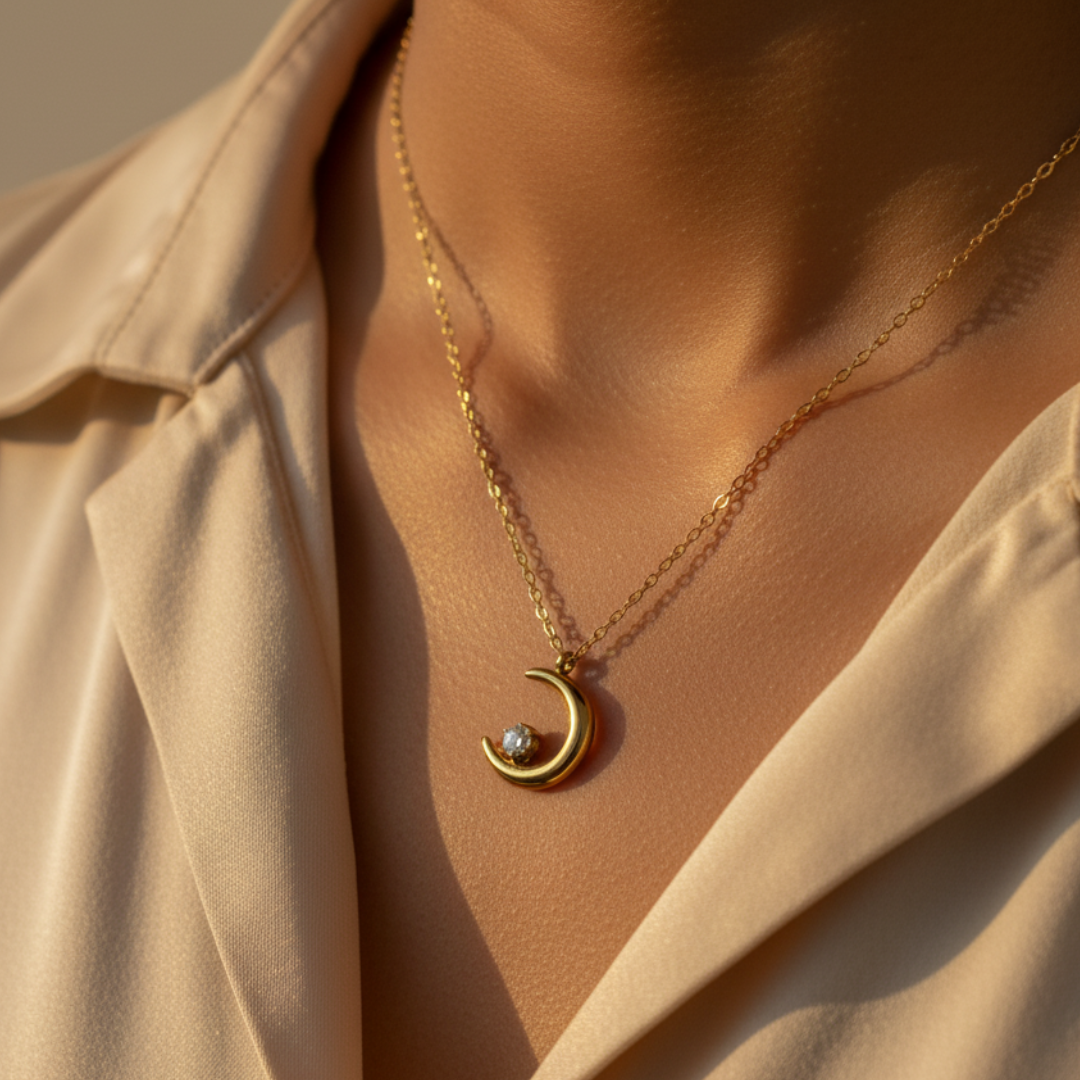Crescent Moon With Zircon Diamond Necklace