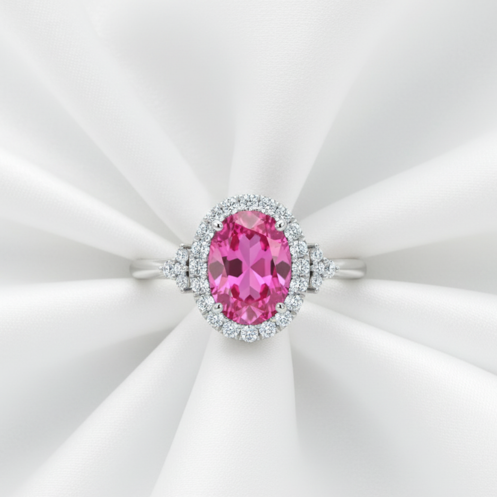 Oval Red Zircon Halo Ring