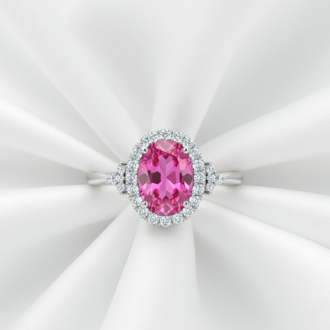 Oval Red Zircon Halo Ring