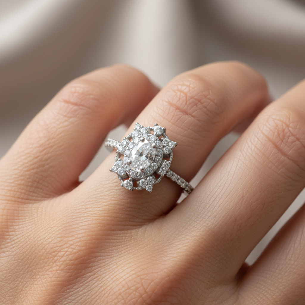 Starburst Halo Oval Zircon Ring