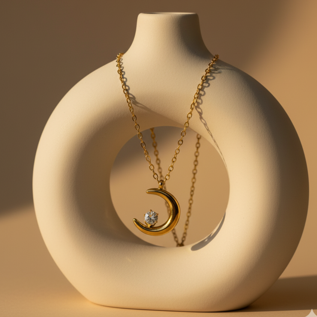 Crescent Moon With Zircon Diamond Necklace