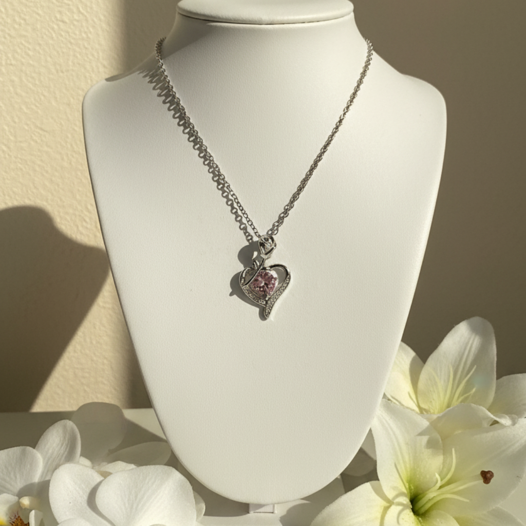 Filled Heart Pink Zircon Diamond Necklace