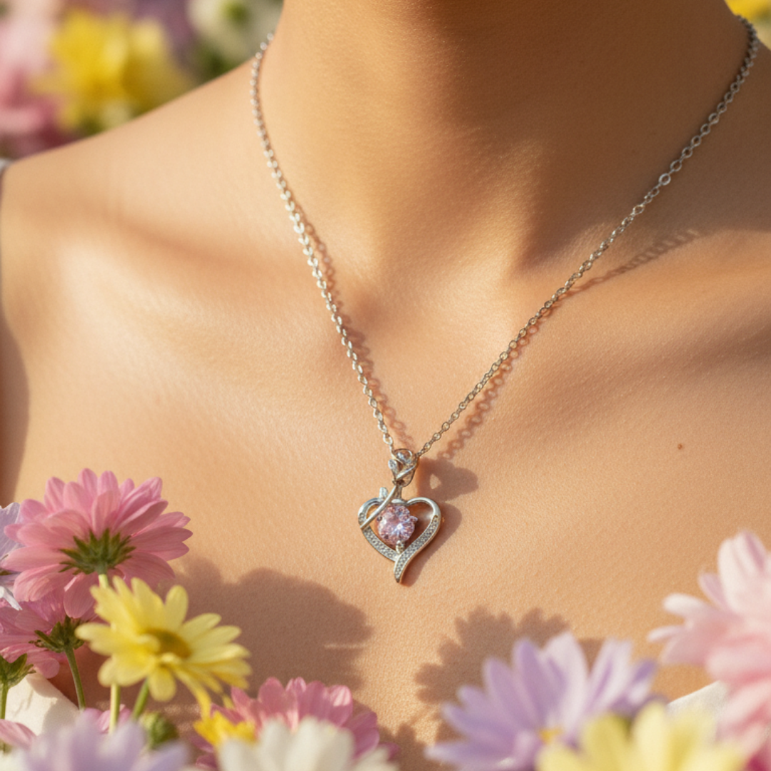 Filled Heart Pink Zircon Diamond Necklace