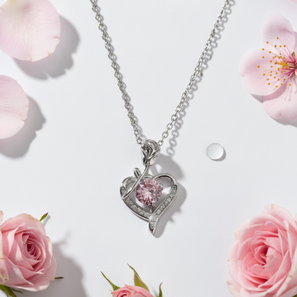 Filled Heart Pink Zircon Diamond Necklace