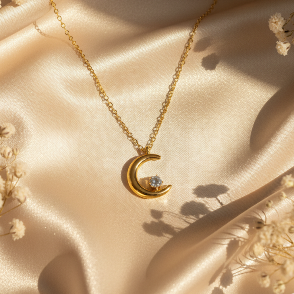 Crescent Moon With Zircon Diamond Necklace