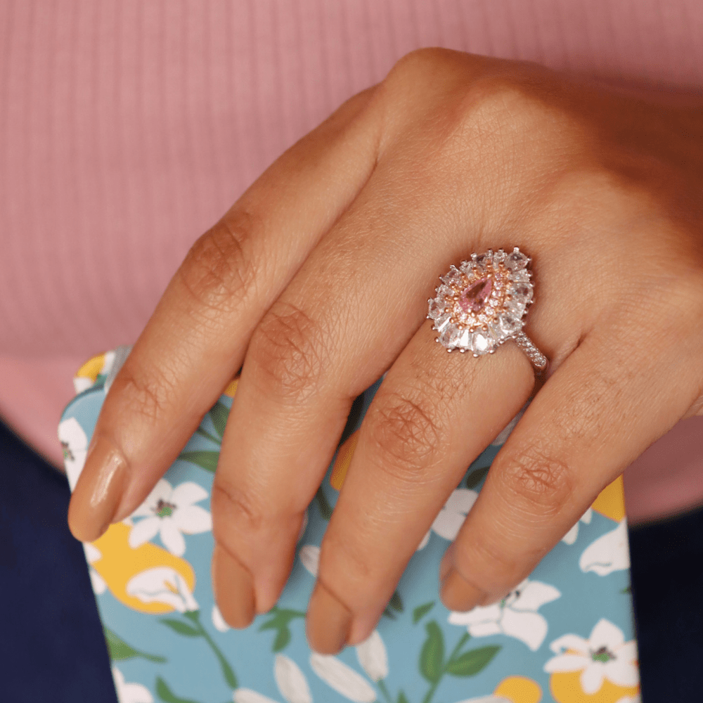 Pink Teardrop Halo Ring