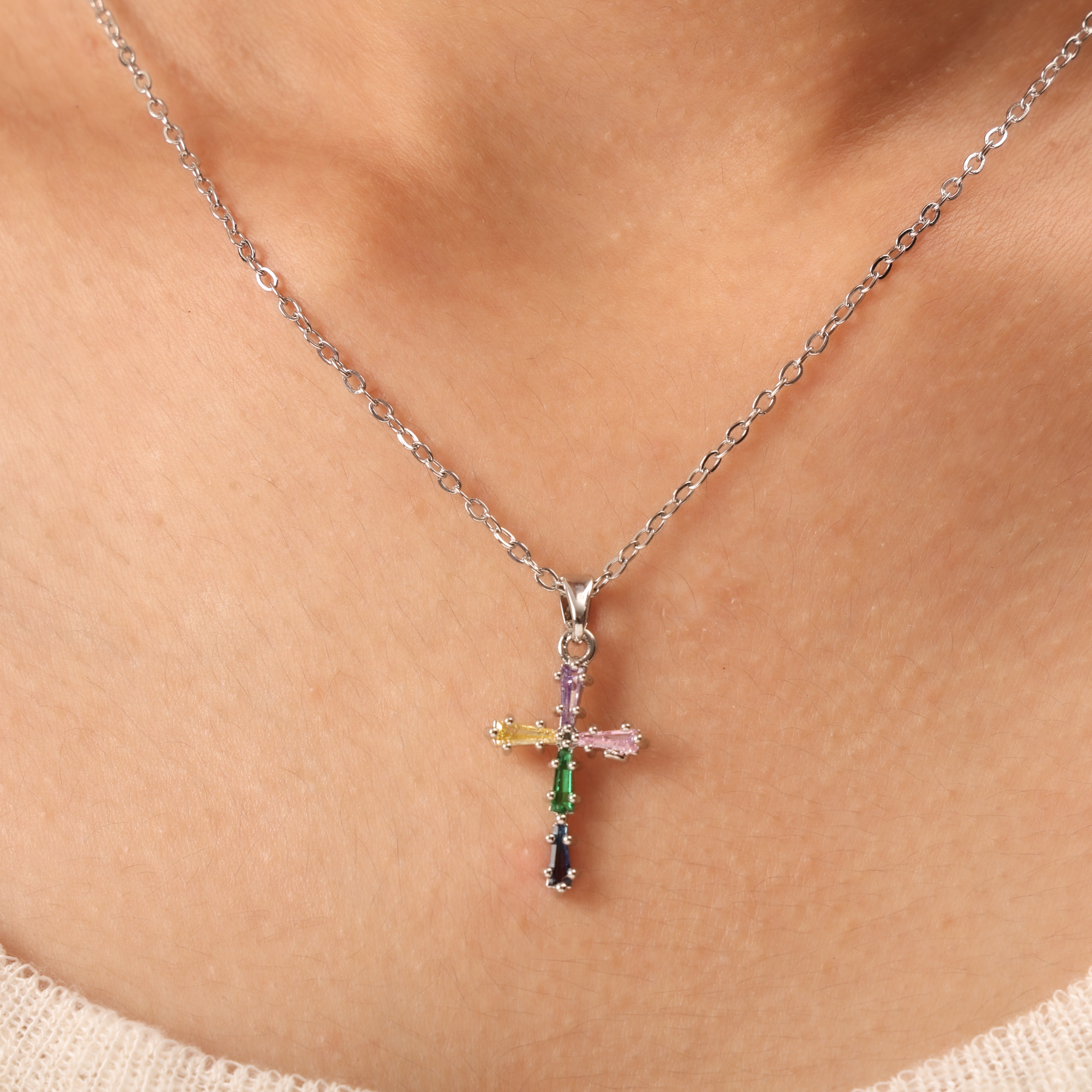Multicolour Zircon Faith Cross Necklace