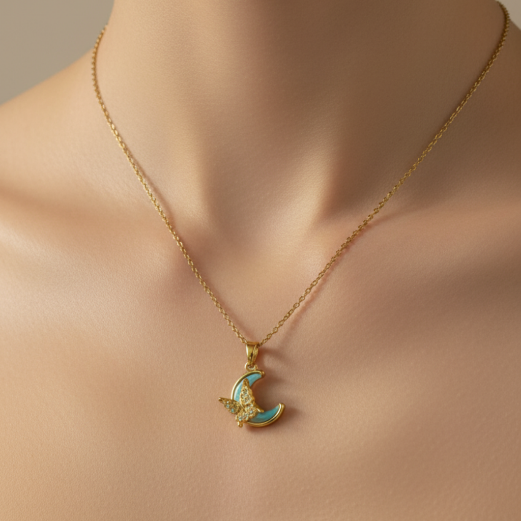 Crescent Moon And Butterfly Necklace