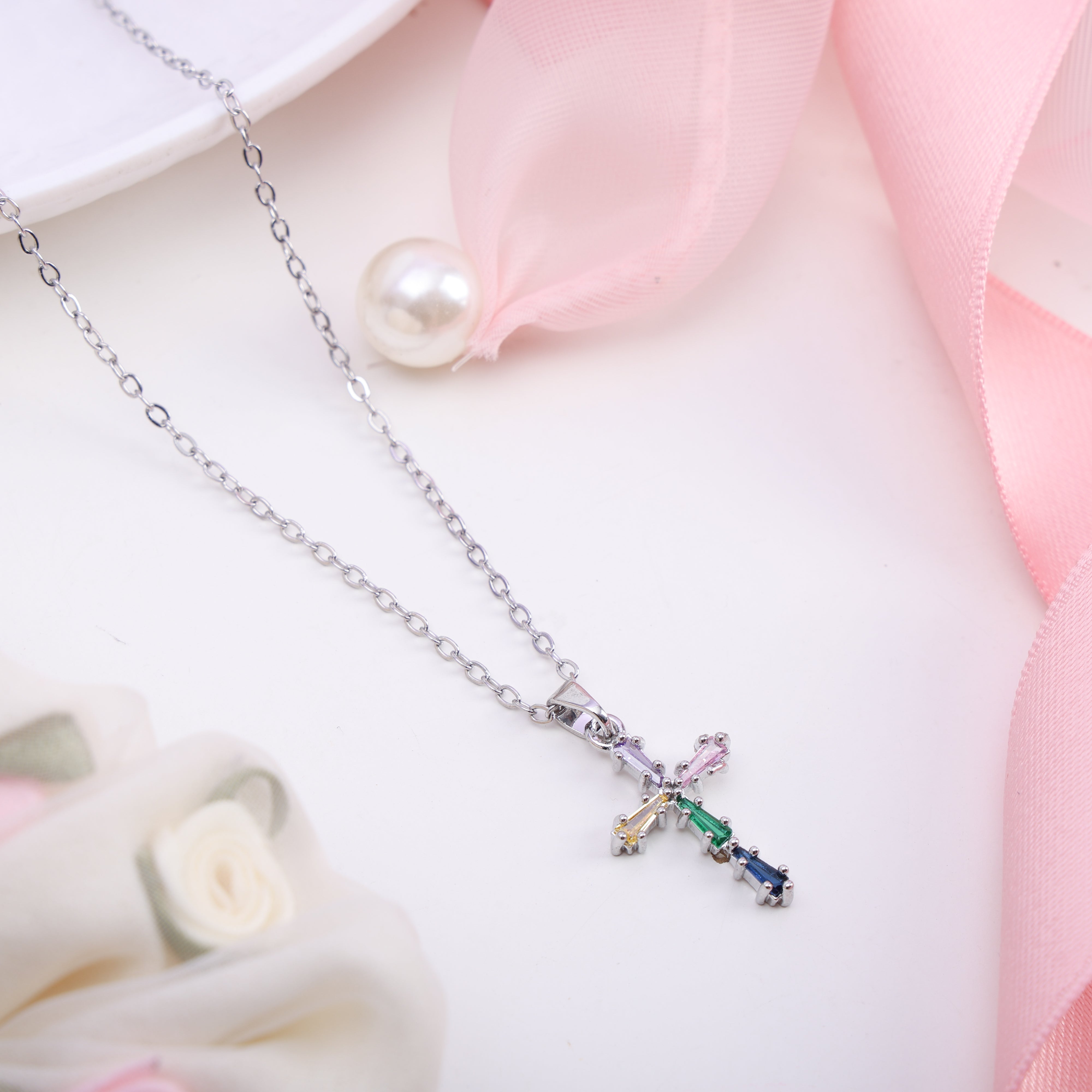 Multicolour Zircon Faith Cross Necklace