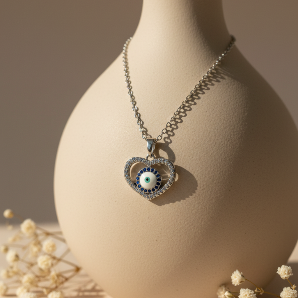 Heart-Shaped Evil Eye Zircon Diamond Necklace