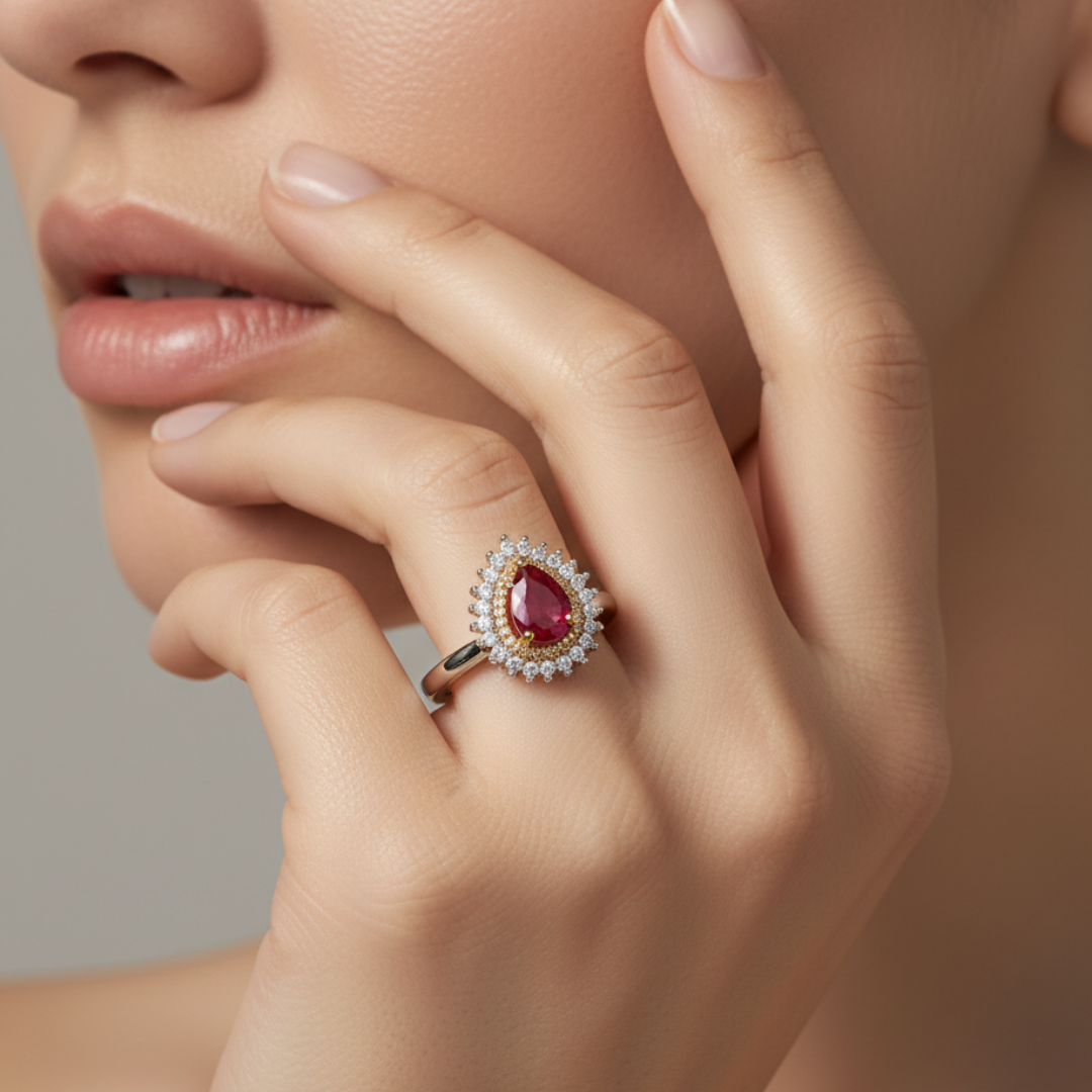 Red Zircon Halo Ring