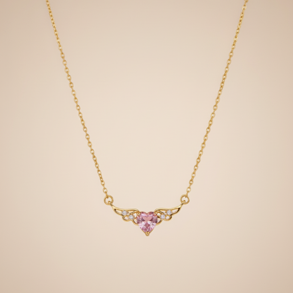 Heart With Wings Pink Zircon Diamond Necklace