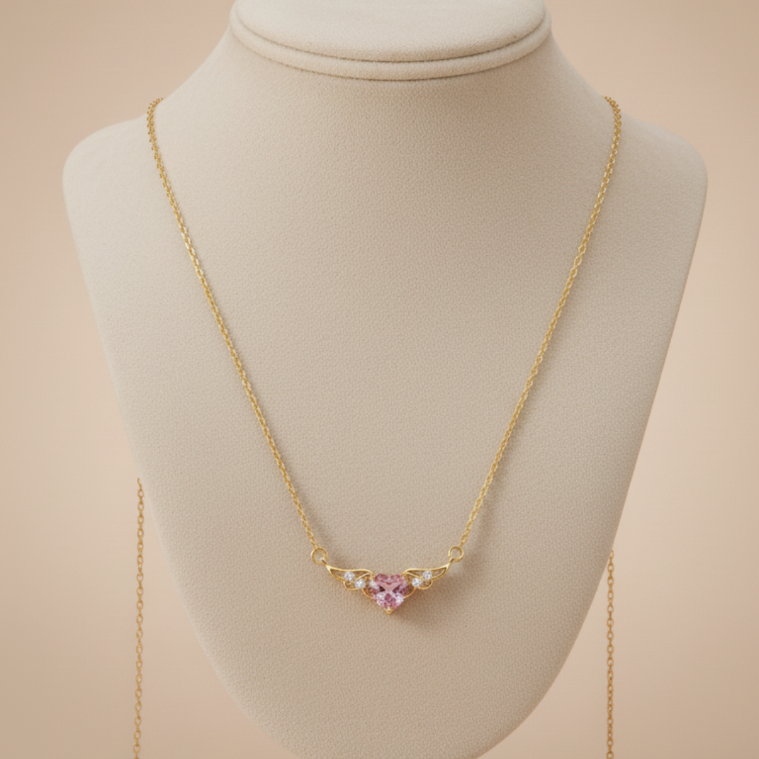 Heart With Wings Pink Zircon Diamond Necklace