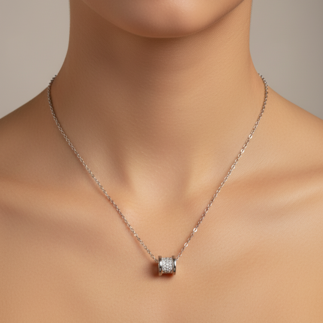 Zircon Studded Cylinder Pendant Necklace