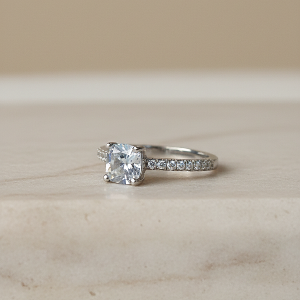 Silver Zircon Ring with Pave Band