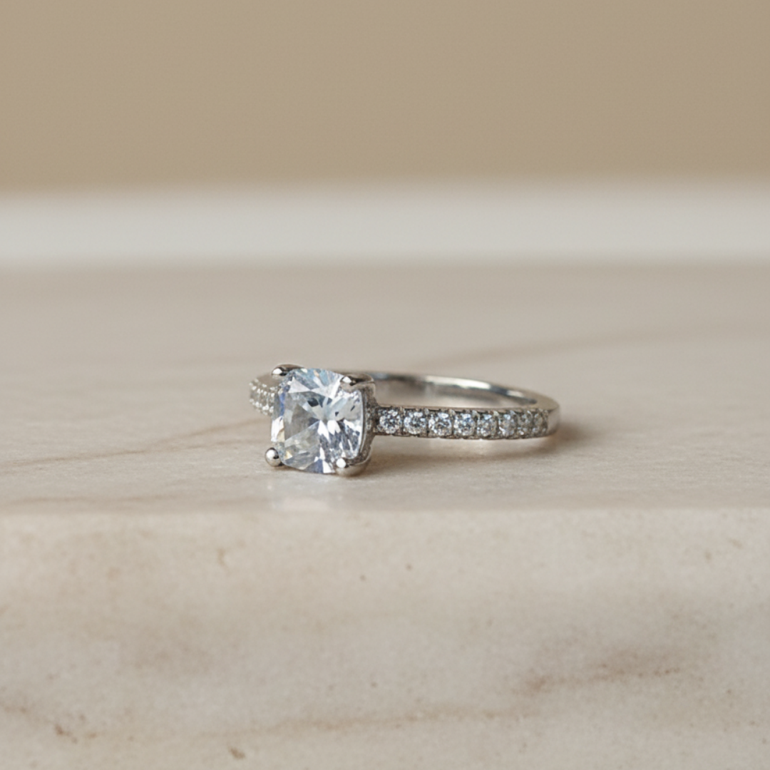 Silver Zircon Ring with Pave Band