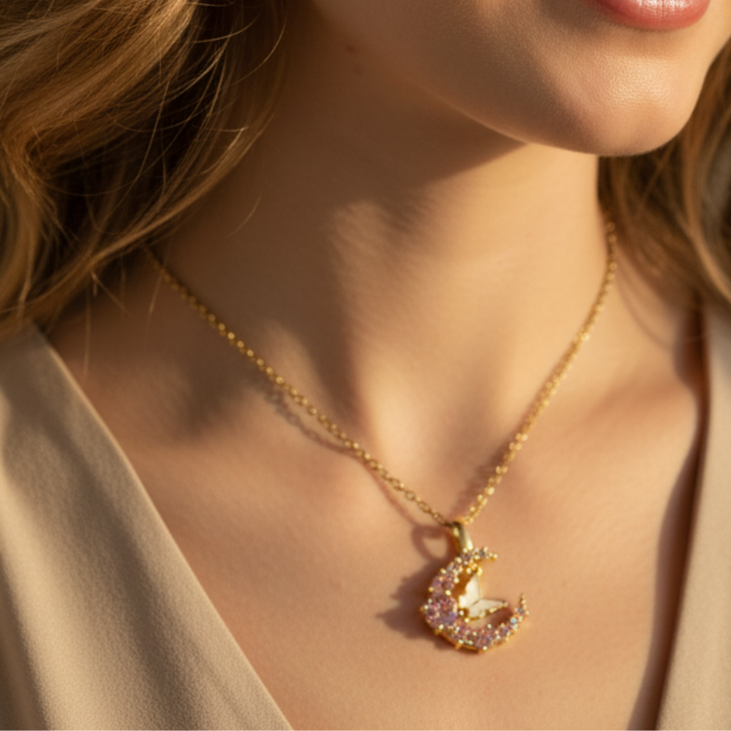 Crescent Moon With Butterfly Necklace