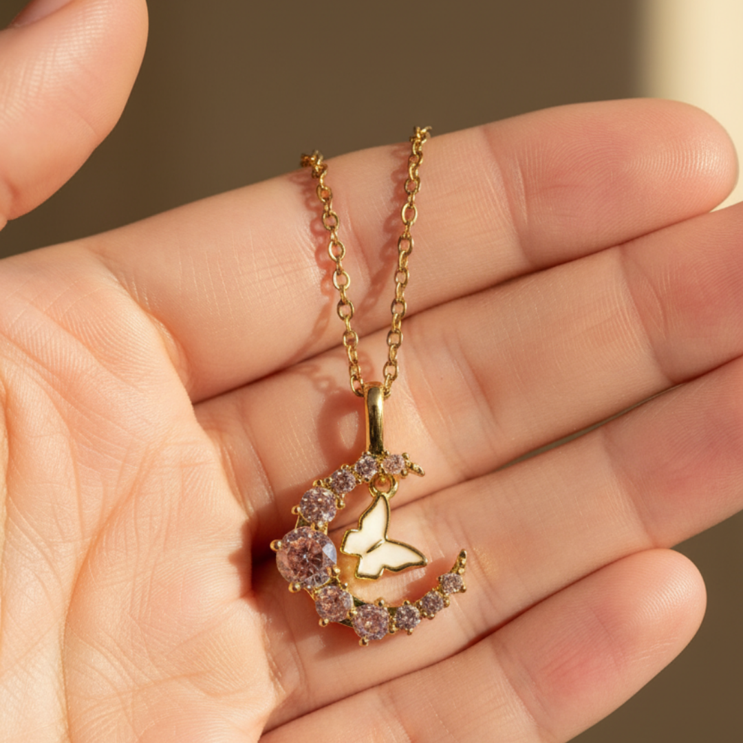 Crescent Moon With Butterfly Necklace