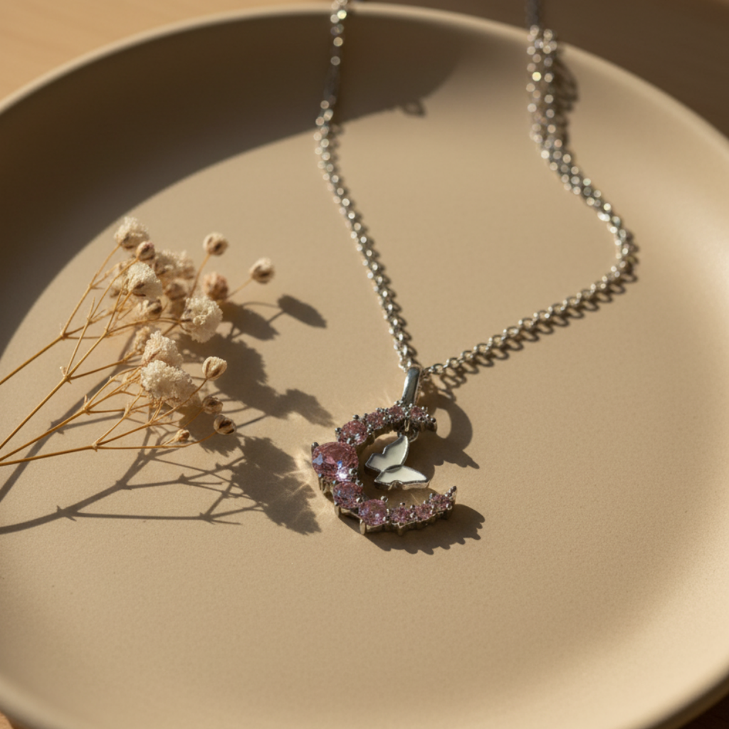 Crescent Moon With Butterfly Necklace