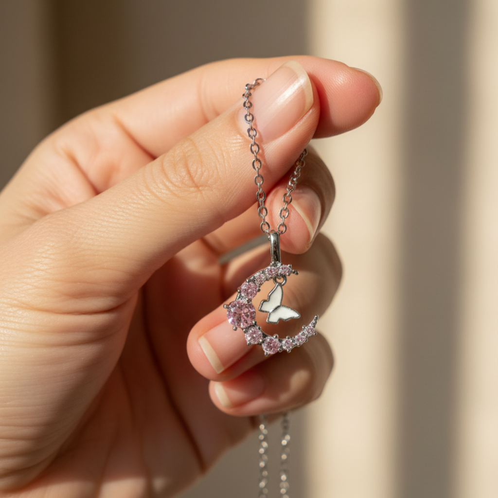 Crescent Moon With Butterfly Necklace